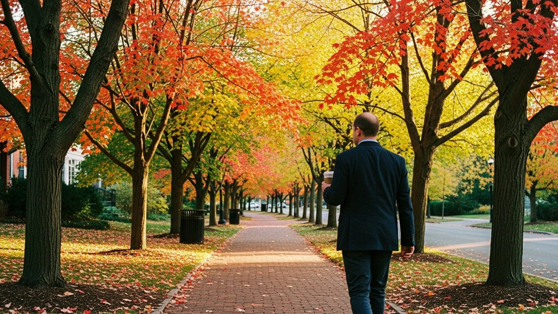 Walking a tree-lined brick sidewalk with a coffee in hand
