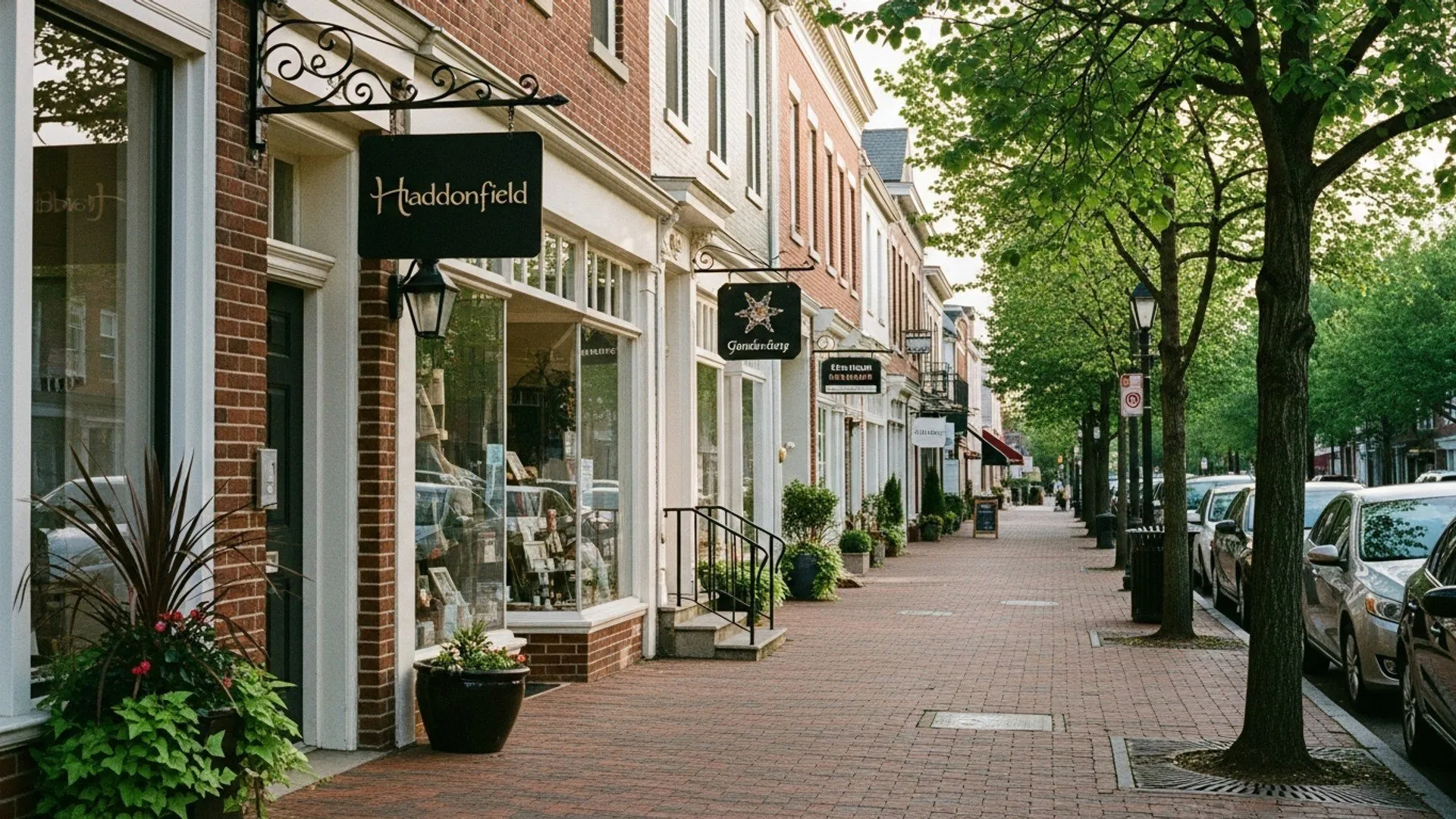A tree-lined main street of small storefronts and brick sidewalks