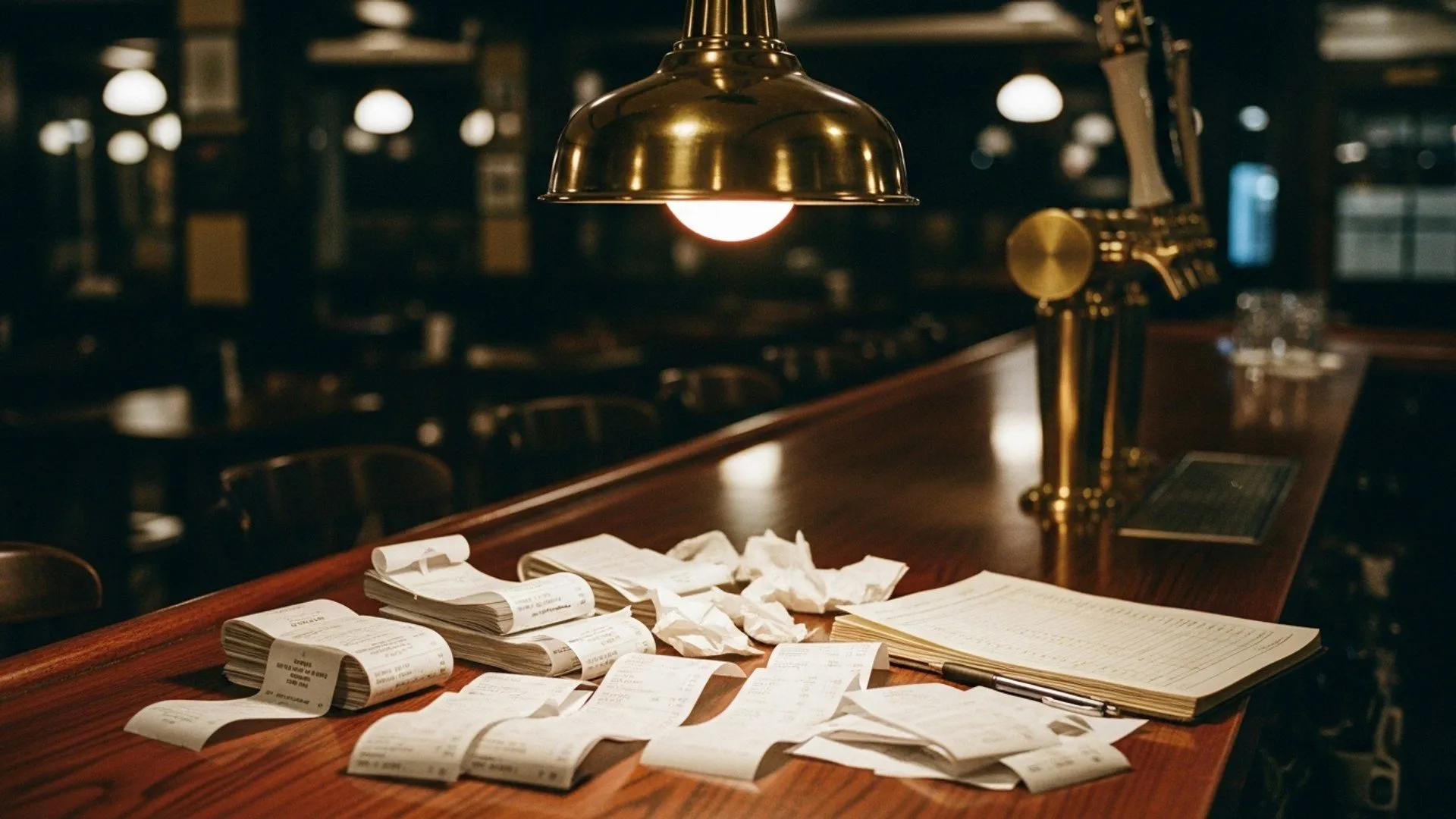 Receipts and a ledger spread across a bar top under a brass lamp after closing
