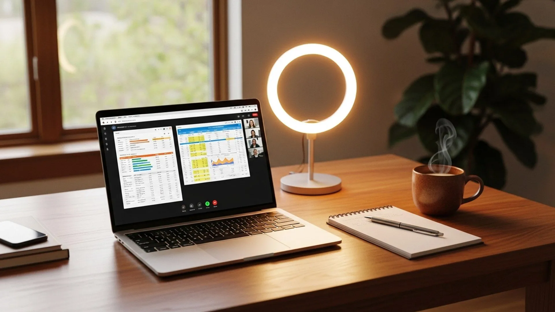 A home desk set up for a video call, with financial reports open on the laptop